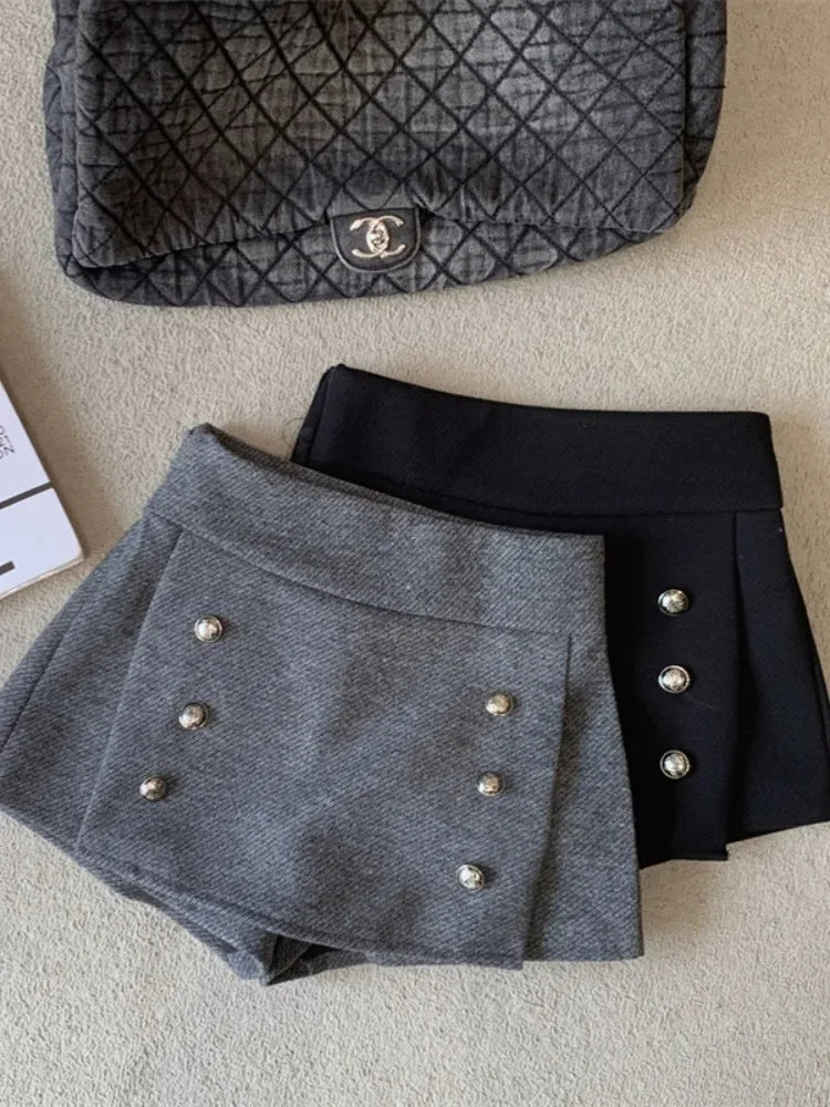 Double-Breasted Simple Woolen A-Line Mini Skirt Women's Autumn Winter Sexy Bodycon Short Pants Versatile High Waist Skirt
