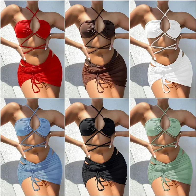 3 Pieces Cross Halter Bikinis Set 2025 Skirt Swimwear Women High Waist Drawstring Bandage Swimsuit Summer Biquini