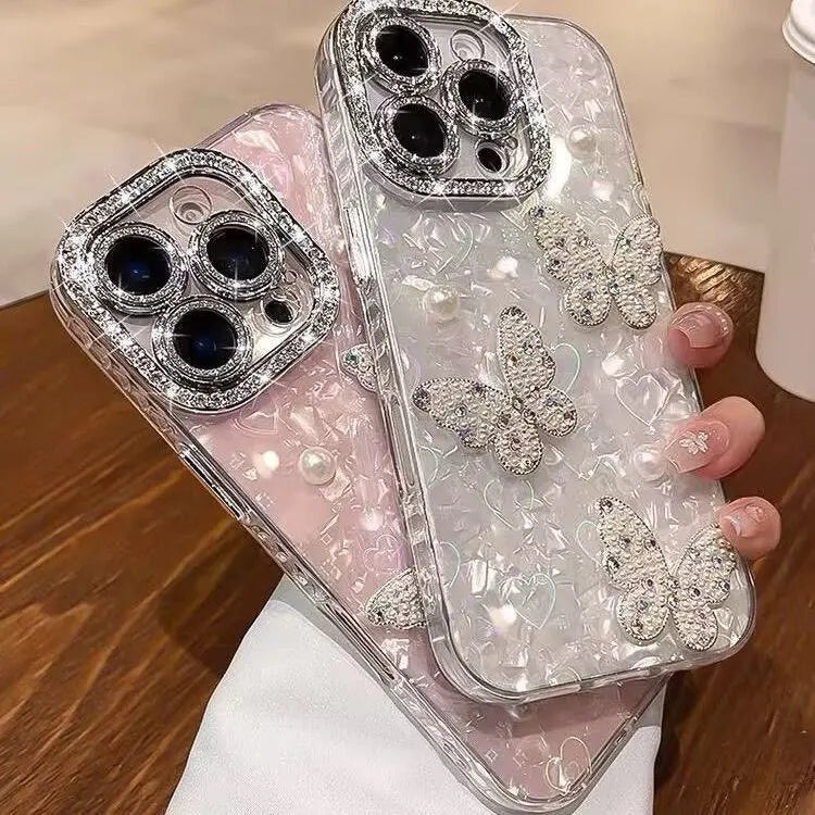 Luxury Diamond Butterfly Clear Phone Case For iPhone 17 Air 16 15 14 13 12 Pro Max Transparent Plating Soft Silicone Back Cover