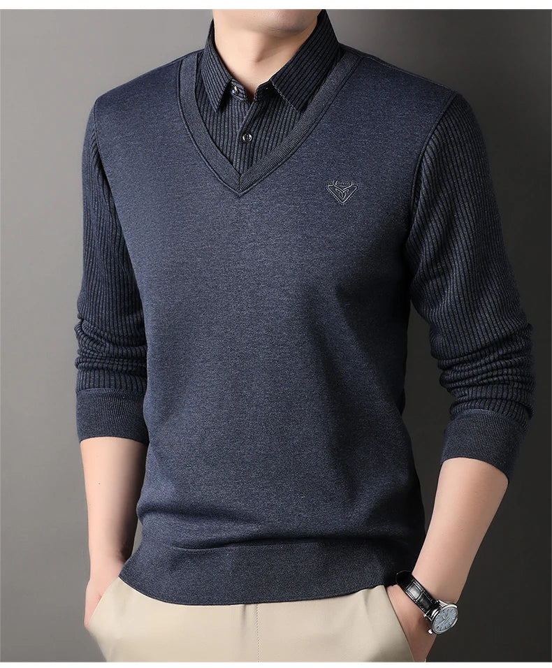 New Autumn Men's Polo Collar Shirts Fashion Knitting Pullovers Striped Thick Polo Shirts Slim Fit Korean Mens Top Clothes