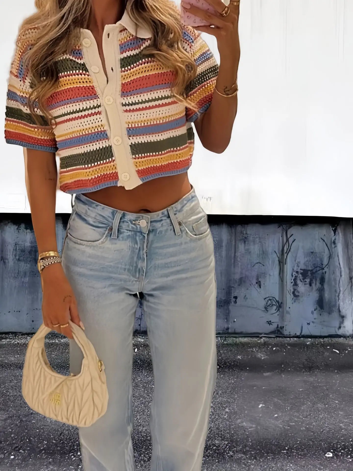 Women Patchwork Striped Hollow Out Crochet Knitted Crop Sweater Shorts Set Short Sleeve Polo Collar Sweater Knit Shorts Suit Y2K