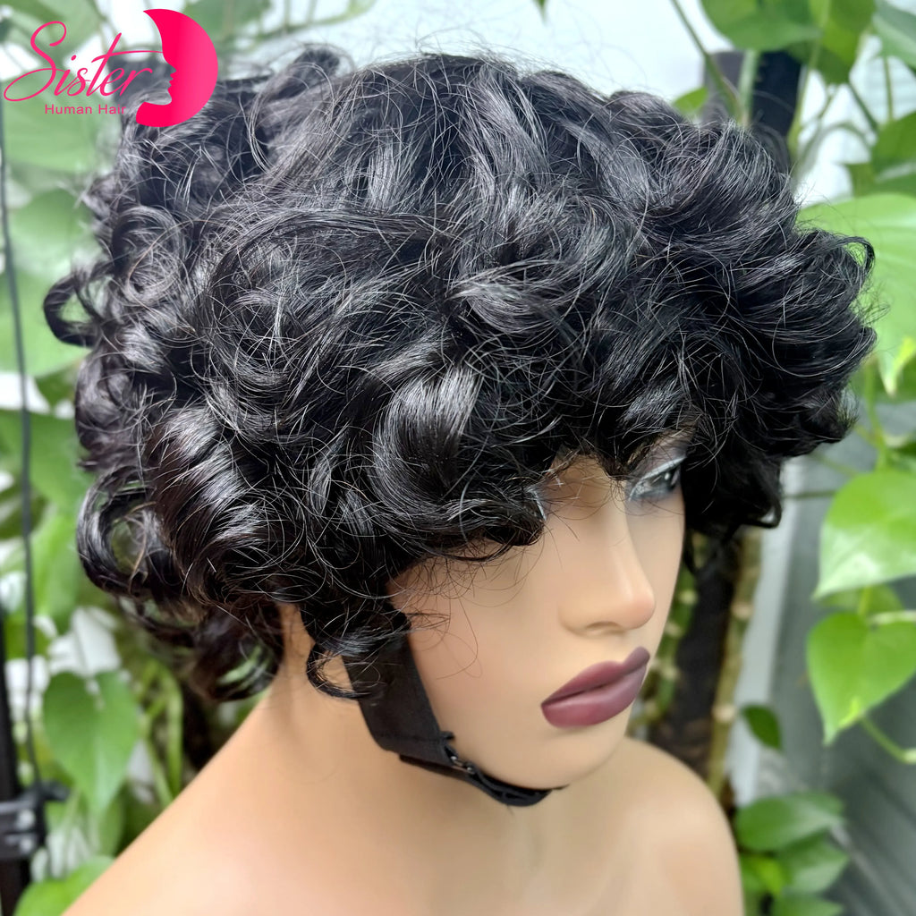 Full Machine Made Loose Wavy Bob Wig Human Hair Wigs 220% Short Colored Bouncy Curly Gluelesss Human Hair Wigs with Bangs