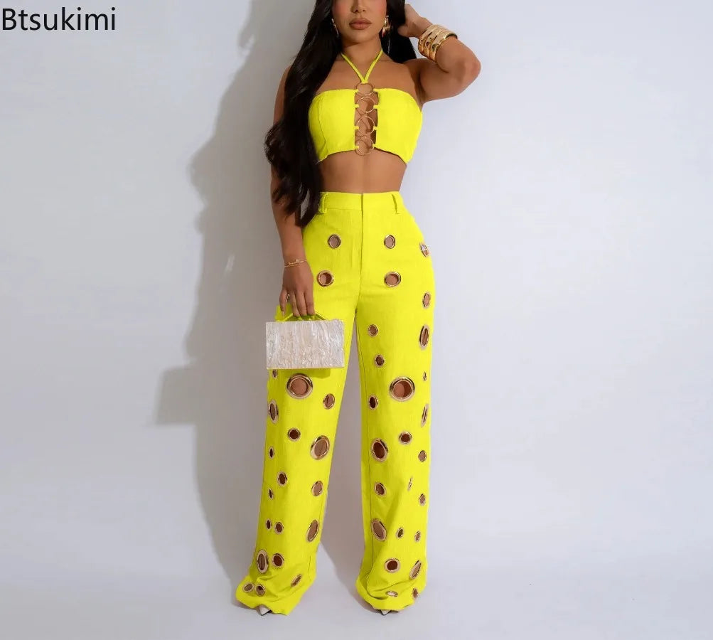 Metal Ring Hollow Out Two Piece Set Women Sexy Strapless Lace Up Halter Backless Crop Tops + Wide Leg Pants Casual Street Suits