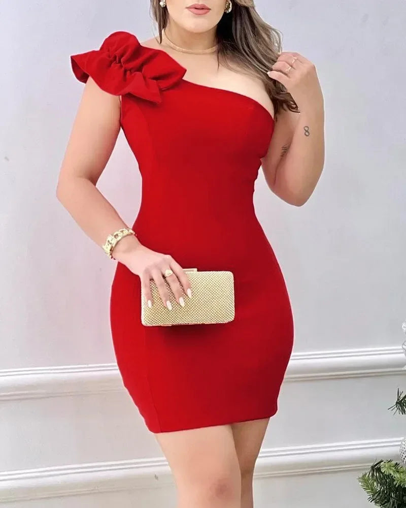 Sexy Mini Dress Women 2025 Summer New Fashion One Shoulder Ruffle Hem Bodycon Dress Elegant  Woman Clothing Party Dresses