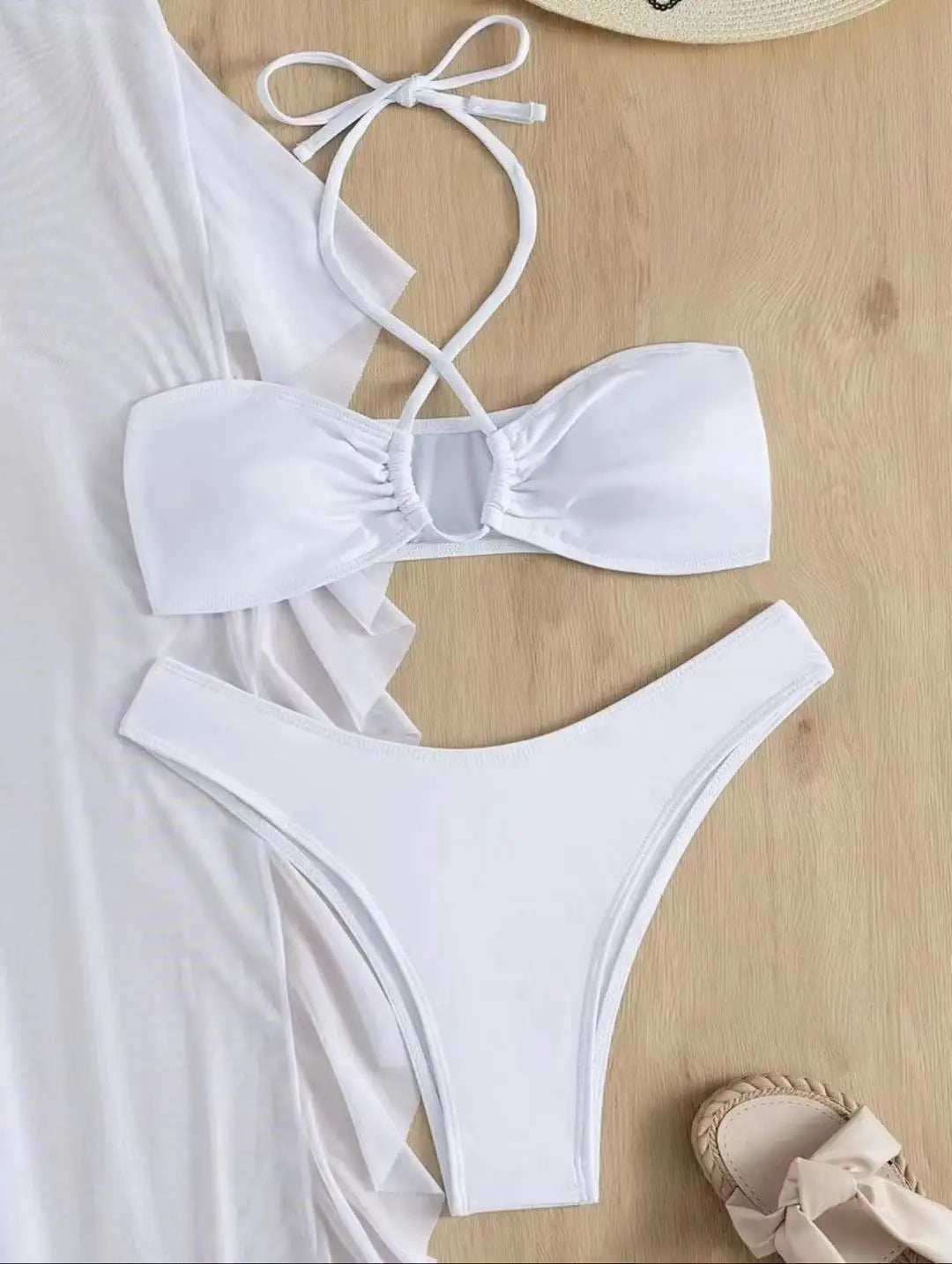 Bikini And Cover Up Set Plain Criss Cross Halter With Ruffle Pants Bandeau Swimsuit Women 2024 Black/White Swimwear Bathing Suit
