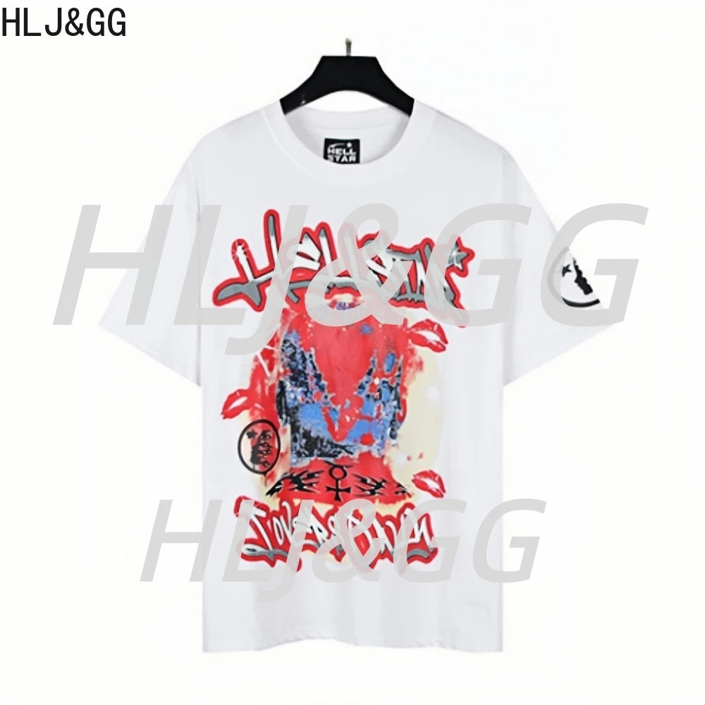 HLJ&GG American Retro Fashion Letter Print Loose Tshirts Two Piece Sets Women O Neck Short Sleeve Top+Shorts Outfits Streetwear