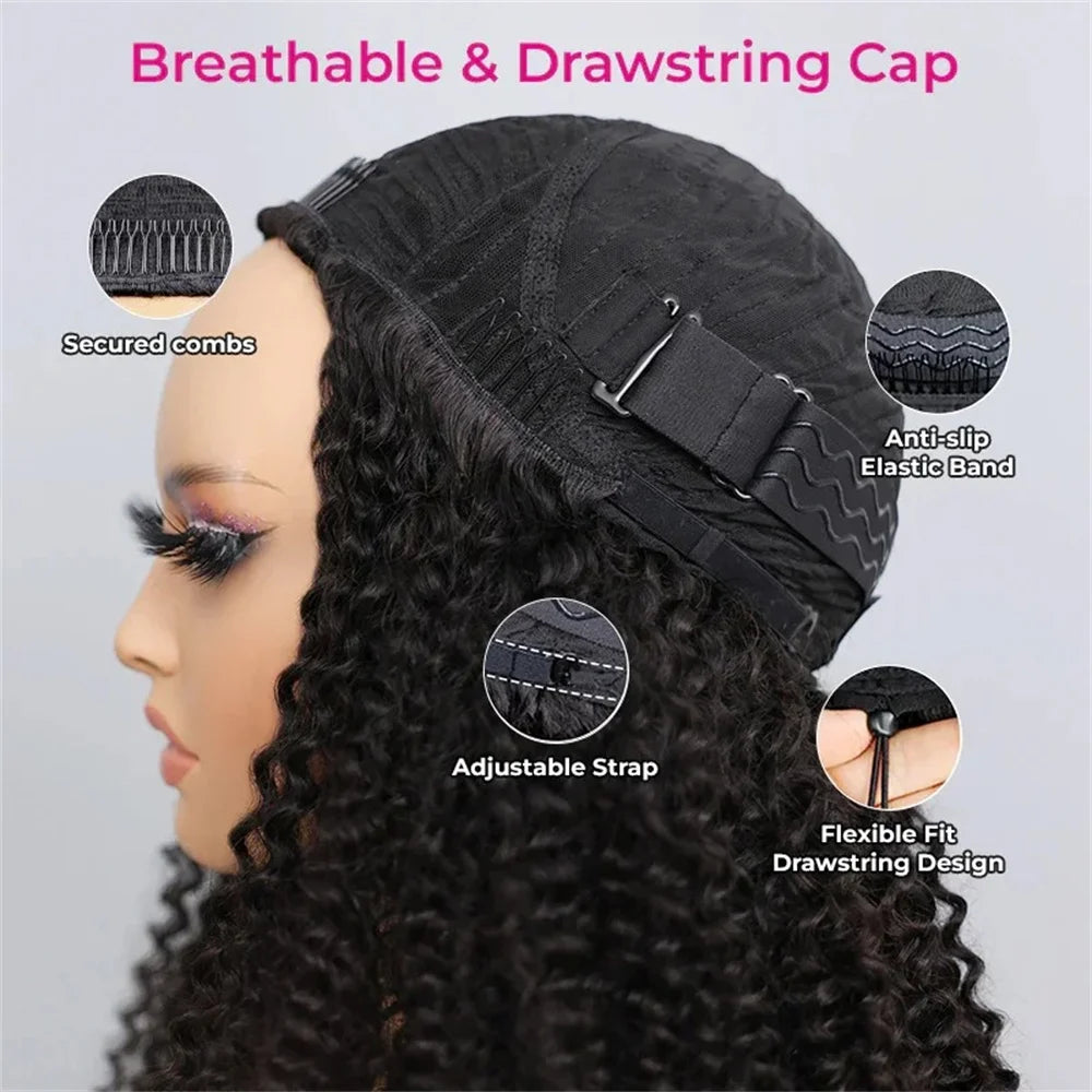 Half Wig Glueless Human Hair Wigs With Drawstring Seamless Clips 250 Density Kinky Curly Half Wigs Full Machine Made Wig