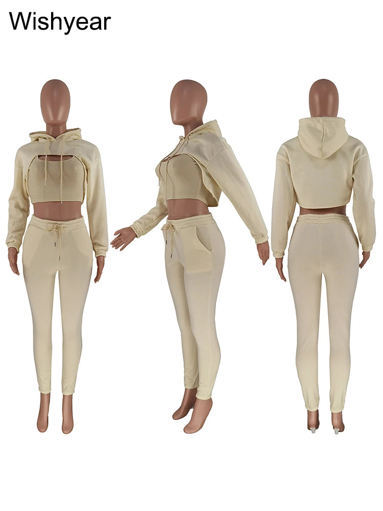 Tracksuit 3 Pieces Pants Sets for Women Velvet Hoodie Crop Tops+Vest+Sweatpants Matching Suit Sport Jogger Winter Fall Outfits