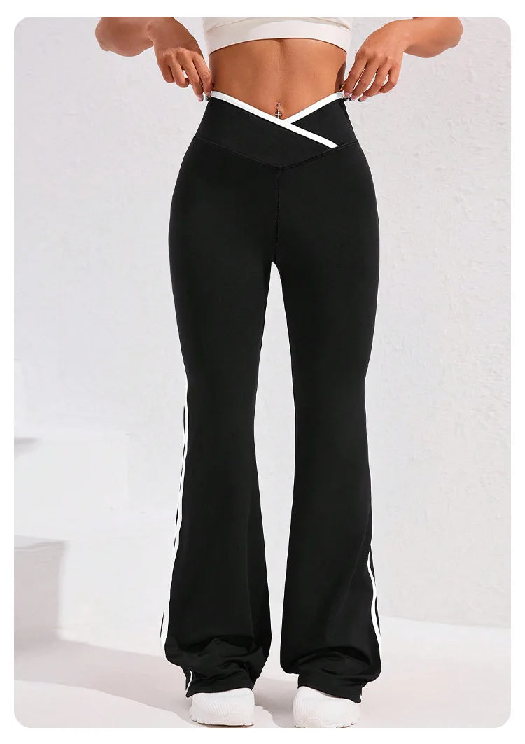 Side Stripe Flared Yoga Pants Women Cross Waist High Rise Butt Lifting Wide Leg Outdoor Slim Fit  Wicking Sportswear