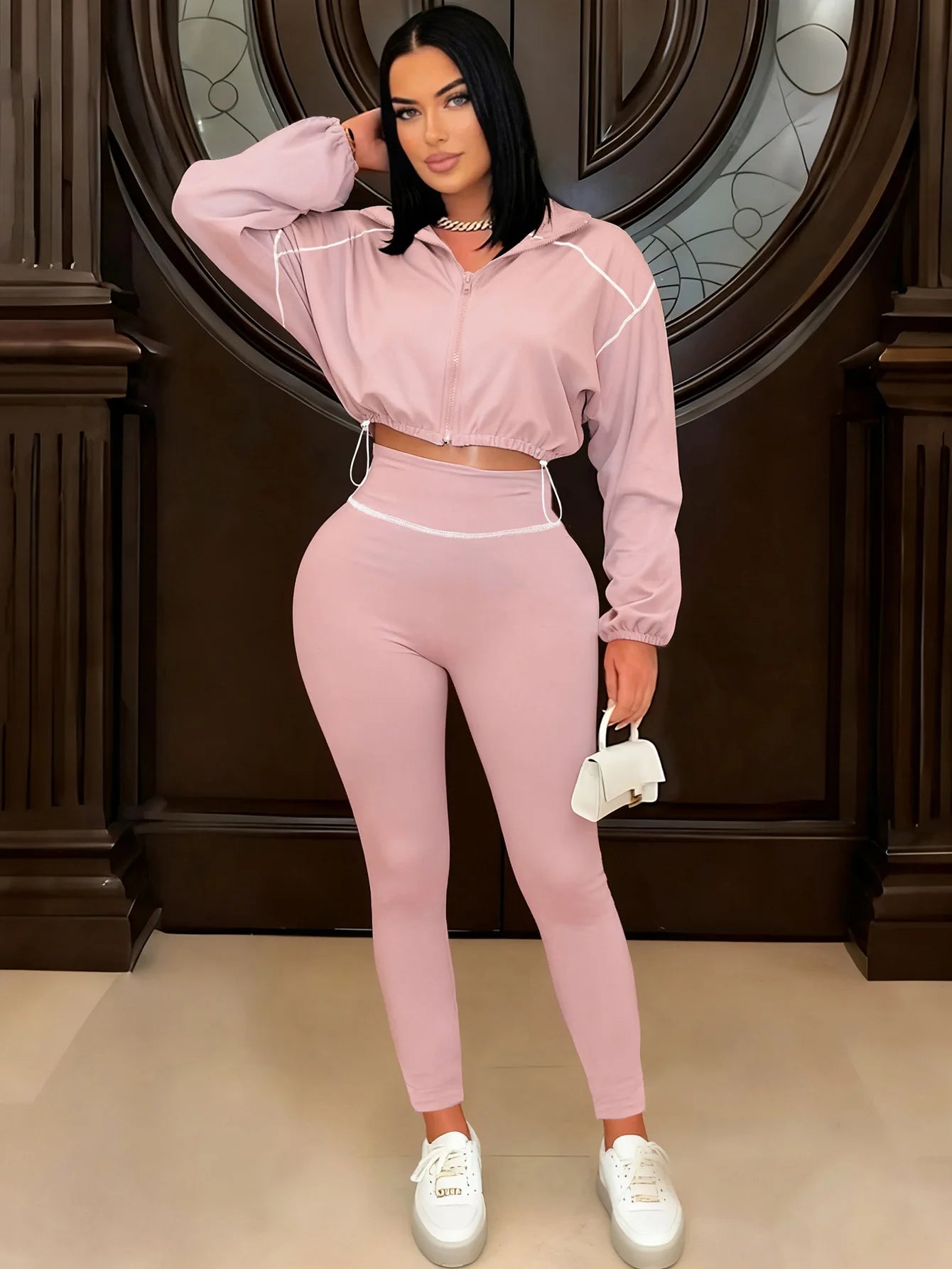 Two Piece Set Women Sexy Club Long Sleeve Paneled Stylish Casual Sport Suit Solid Color Zipper Tracksuits Sweat Suit