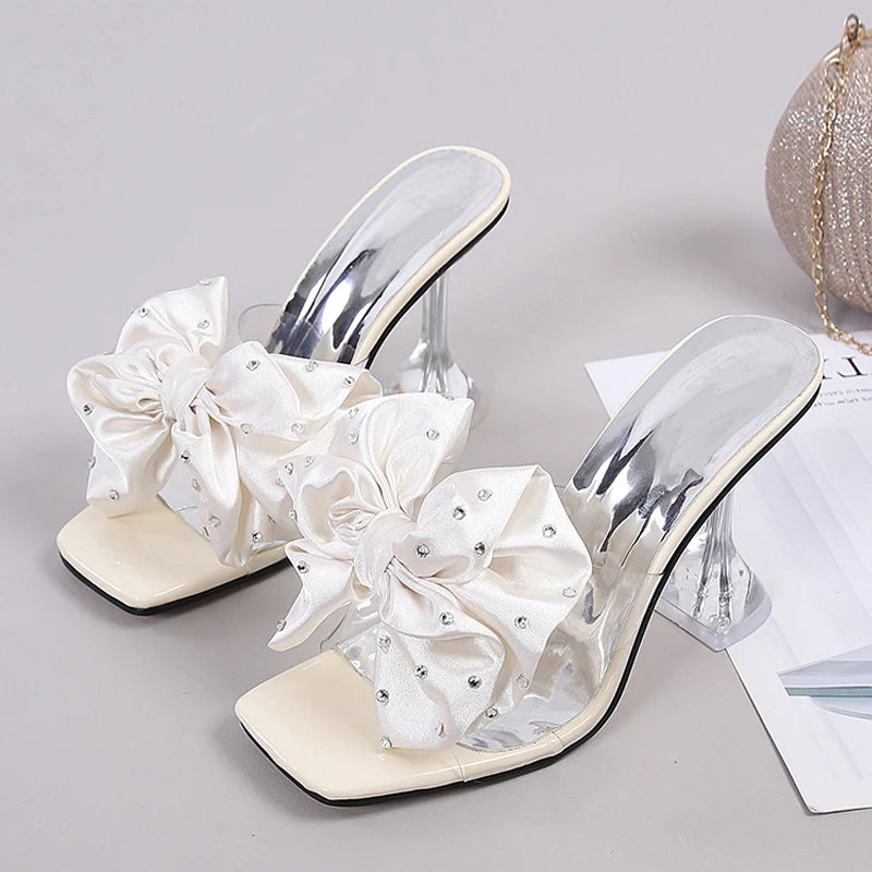 2025 New Fashion Crystal Bow High Heels Slippers Shoes Woman Sexy PVC Transparent Sandals Women Slides Open Toe Pumps Blue Black