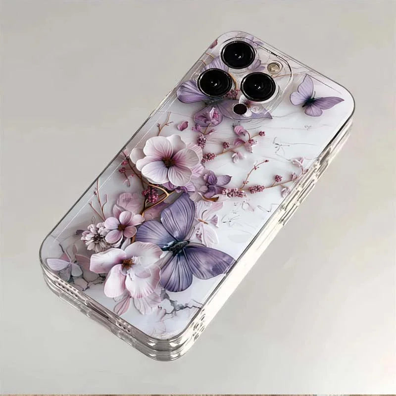 Creative Butterfly Flower Pattern Phone Case For iPhone 11 12 13 14 15 16 17 Pro Max XS X XR 7 8 Plus 16e Transparent Soft Cover