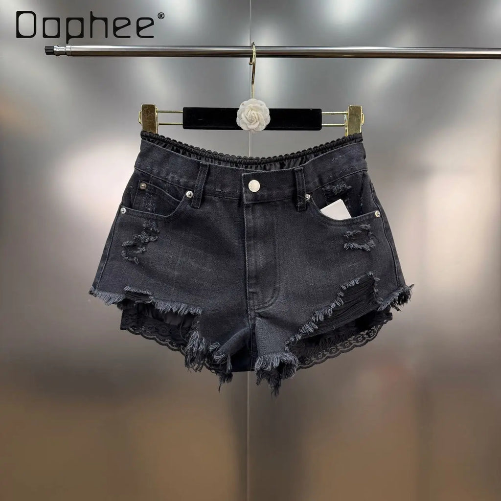 Summer 2025 New French Retro Lace Splicing Ripped Rough Edge Fake Two-piece Denim Shorts Spice Girl Y2K High-waisted Slim Jeans