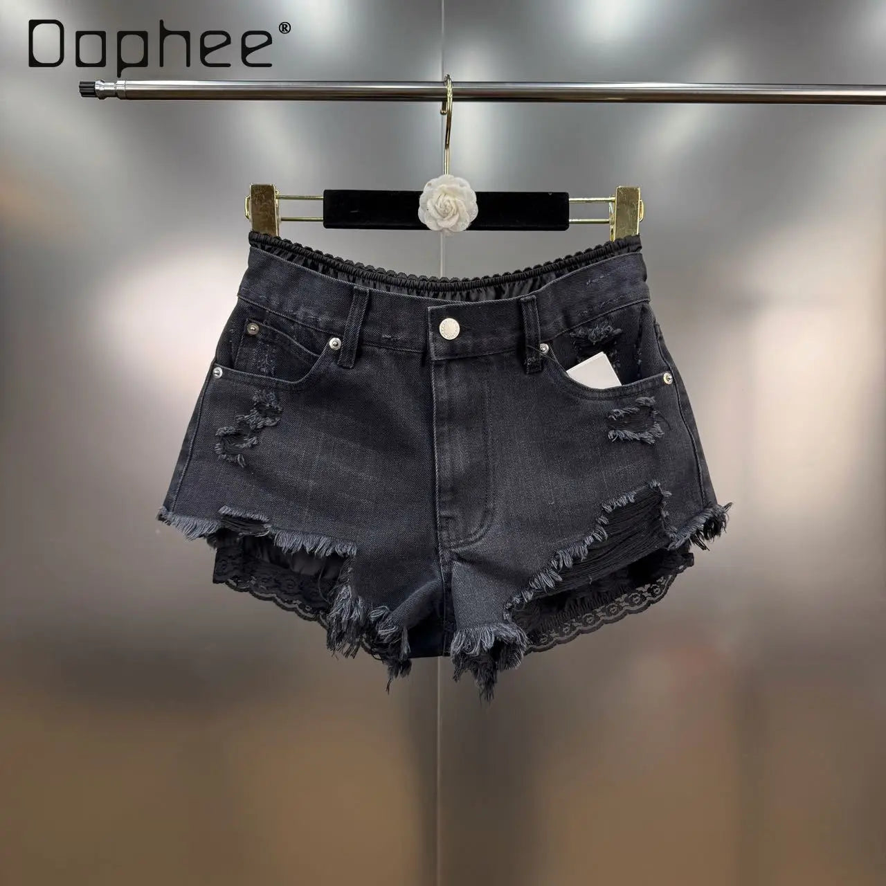 Summer 2025 New French Retro Lace Splicing Ripped Rough Edge Fake Two-piece Denim Shorts Spice Girl Y2K High-waisted Slim Jeans