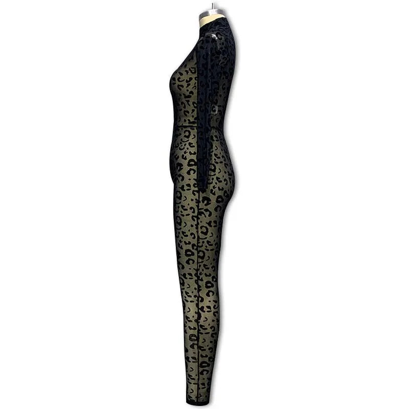 2026 Animal Instinct Mesh Bodystocking Leopard See Through Velour Long Sleeve Rompers Womens Jumpsuit Sexy Midnight Clubwear