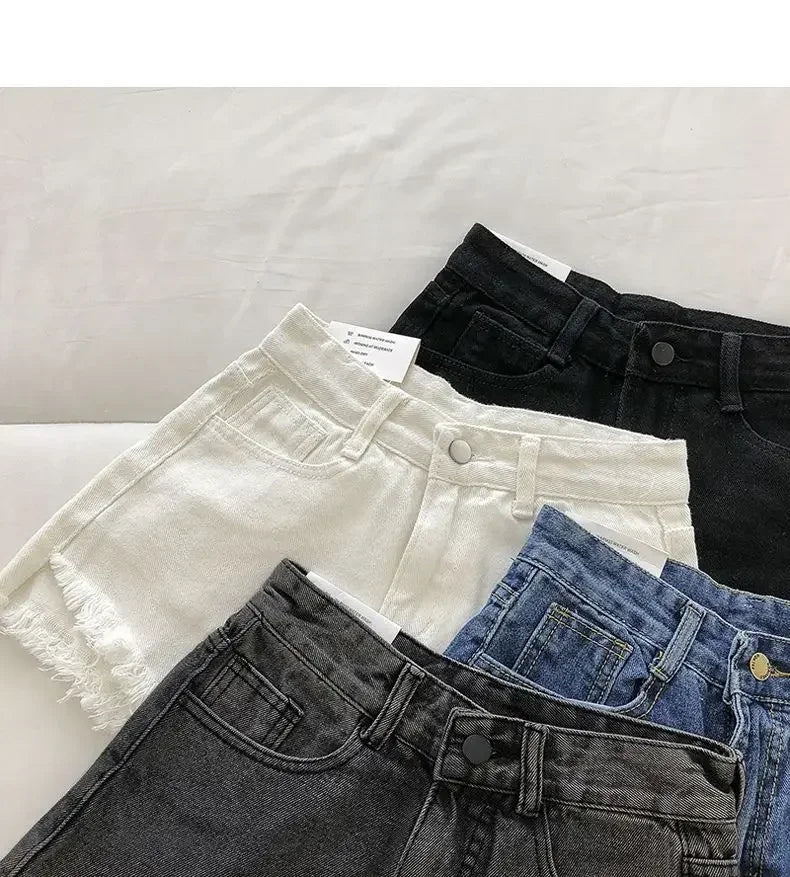 2026 New Summer Women High Wiast Raw Hem Denim Shorts Soild White Black Blue Korean Wide Leg Pants Mon Shorts  Jean Shorts