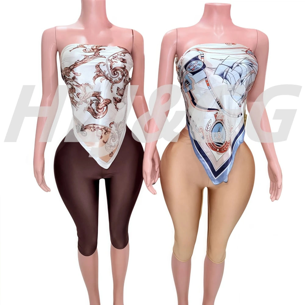 HLJ&GG Sexy Retro Pattern Print Two Piece Sets Women Sleeveless Backless Scarf Crop Top And Shorts Outfit Y2K Fashion Streetwear