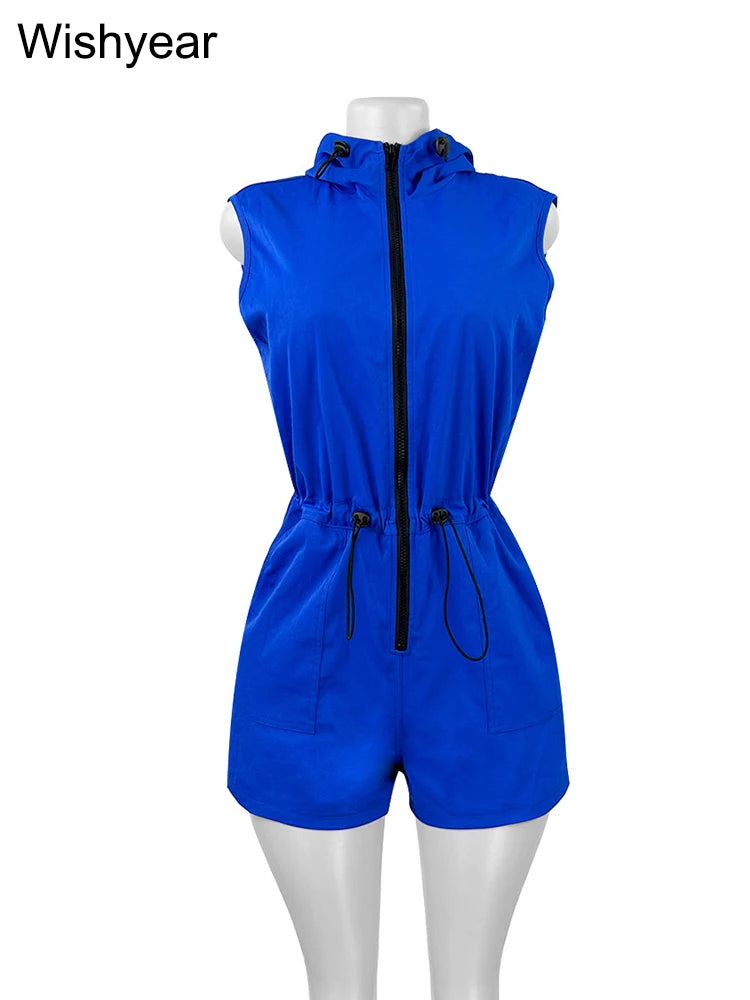 Casual Women's Short Jumpsuits Summer Sleeveless Zipper Front Drawstring Waist Playsuits Pocket One Pieces Romper Streetwear y2k