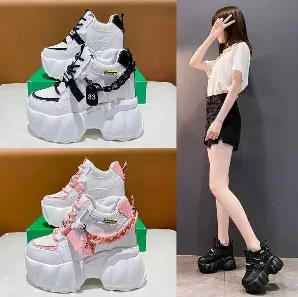 NEW Breathable Mesh 10CM Chunky Sneakers for Women Non Slip High Platform Sports Dad Shoes Woman Lace Up Thick Sole Casual Shoes