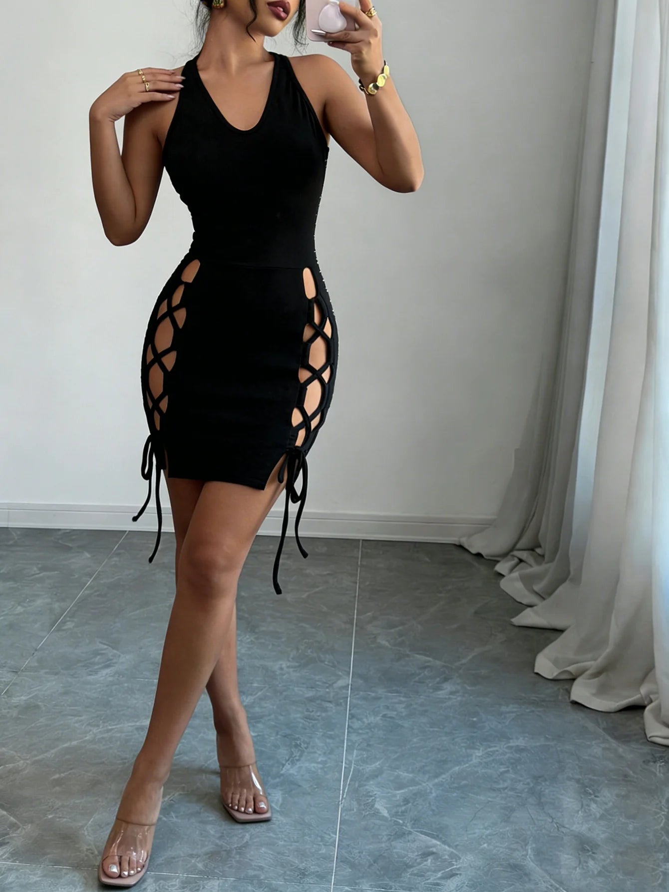 Women Halter Mini Dress V Neck Side Cutout Lace Up Bodycon Dress Date Sexy Spring Summer Party Club Night Out Stretchy Dress