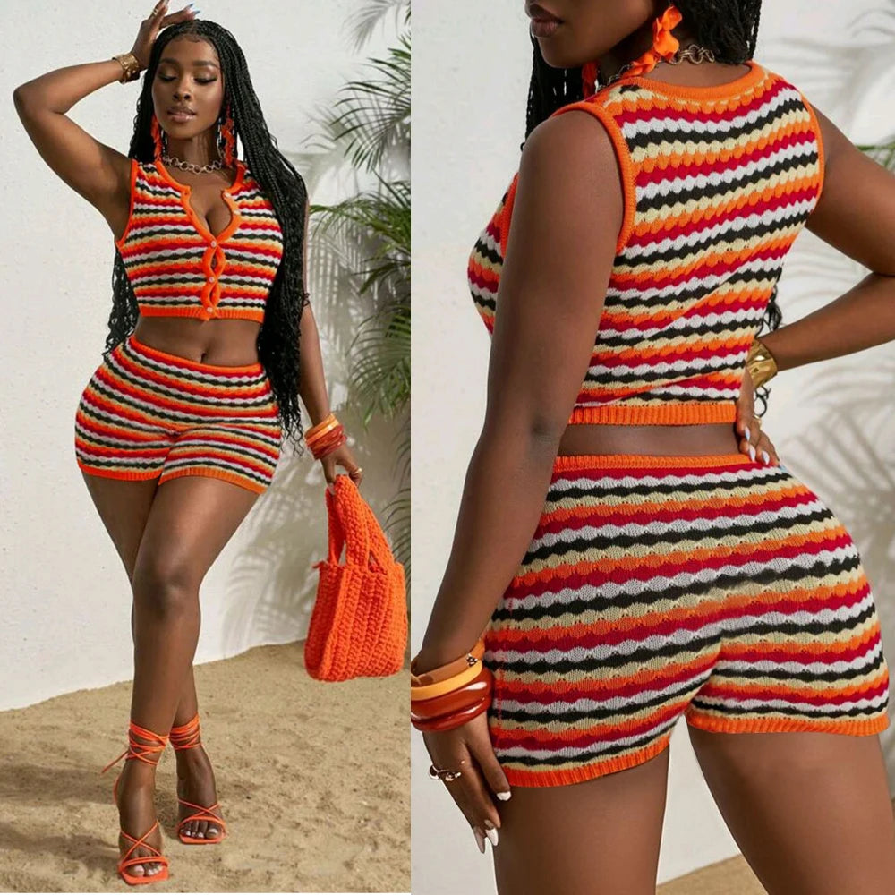 Sexy 2 Piece Shorts Set Women Outfit Knitted Striped Tank Top and Short Suits 2025 Summer Casual Vacation Sets Y2k Tracksuit