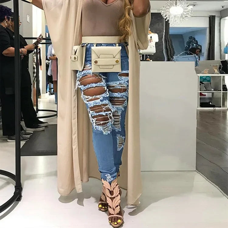 Hole Jeans Women Denim Pencil Pants Streetwear Washed Skinny Stretch High Waist Distressed Ripped Ankle Length Trousers 2025