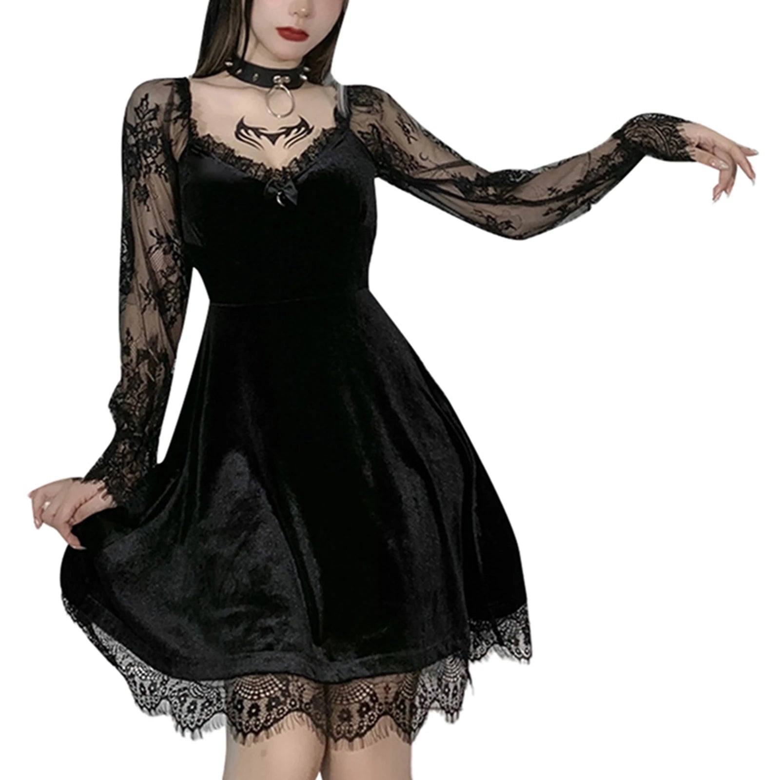 Women's Dress Gothic Style Female Dress Solid Color Lace Stitching V-Neck Long Flare Sleeve Party Clubwear For Ladies Y2k