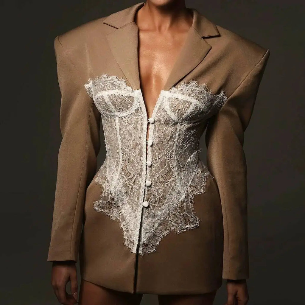 DEAT Fashion White Lace Patchwork Blazer Women's Notched Collar Slim Fit Long Sleeves Single Breasted Suit Jacket New Tide