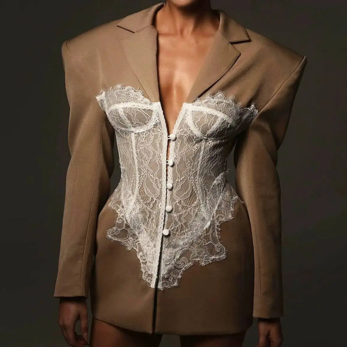 DEAT Fashion White Lace Patchwork Blazer Women's Notched Collar Slim Fit Long Sleeves Single Breasted Suit Jacket New Tide