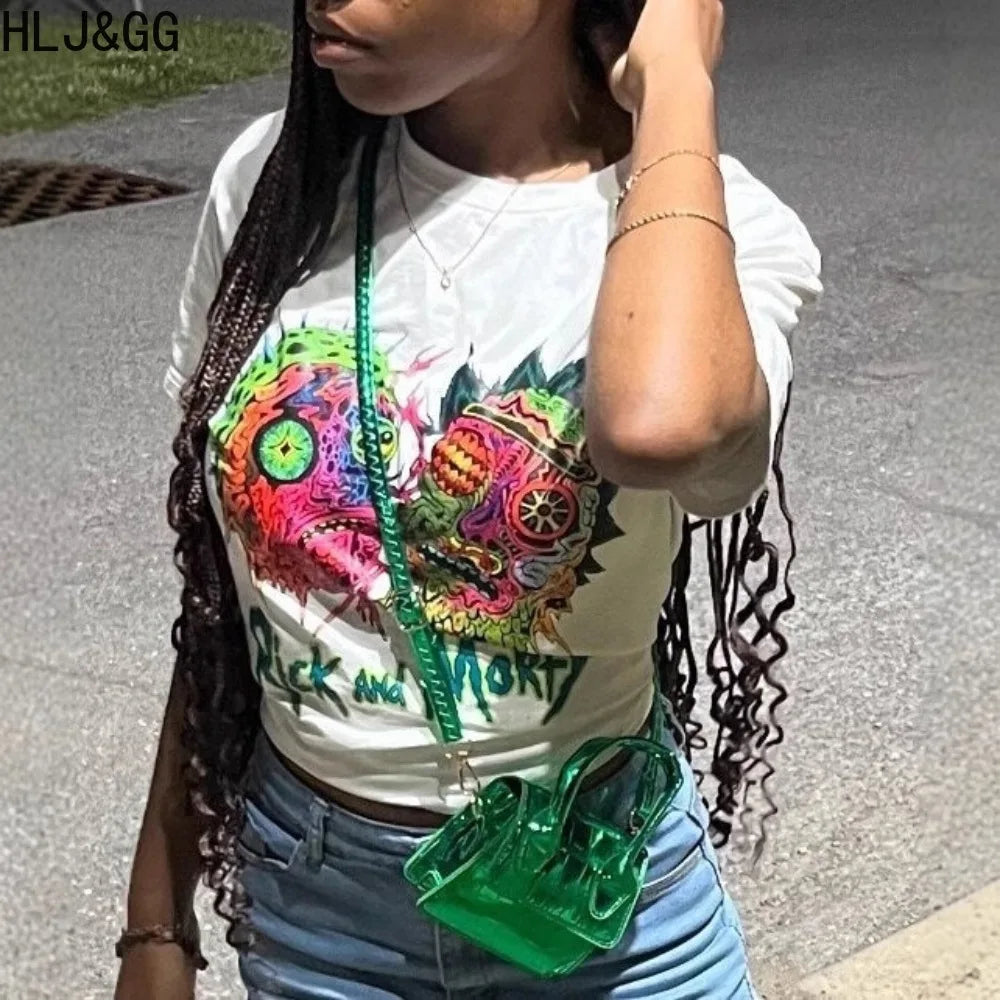 HLJ&GG Y2K Streetwear Women Pattern Printing Round Neck Short Sleeve Tshirt And Mini Skirts Two Piece Sets Fashion 2pcs Outfits