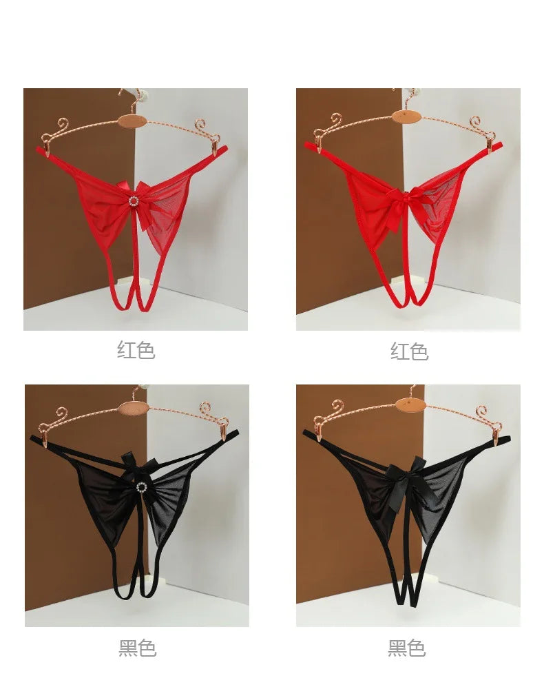 Women Sexy Rhinestone Panties Low Waist Bow G-strings Women's Hollow Out Seamless Panties Female Open Crotch Thongs Underpants