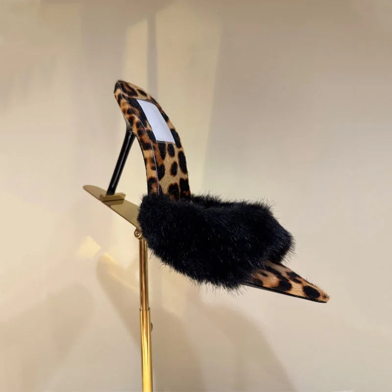 Women's Fox Fur High-Heeled Slippers Stiletto Heel Mules Open Toe Slip On Sandals Suede Upper Party Clubwear Elegant Sandals
