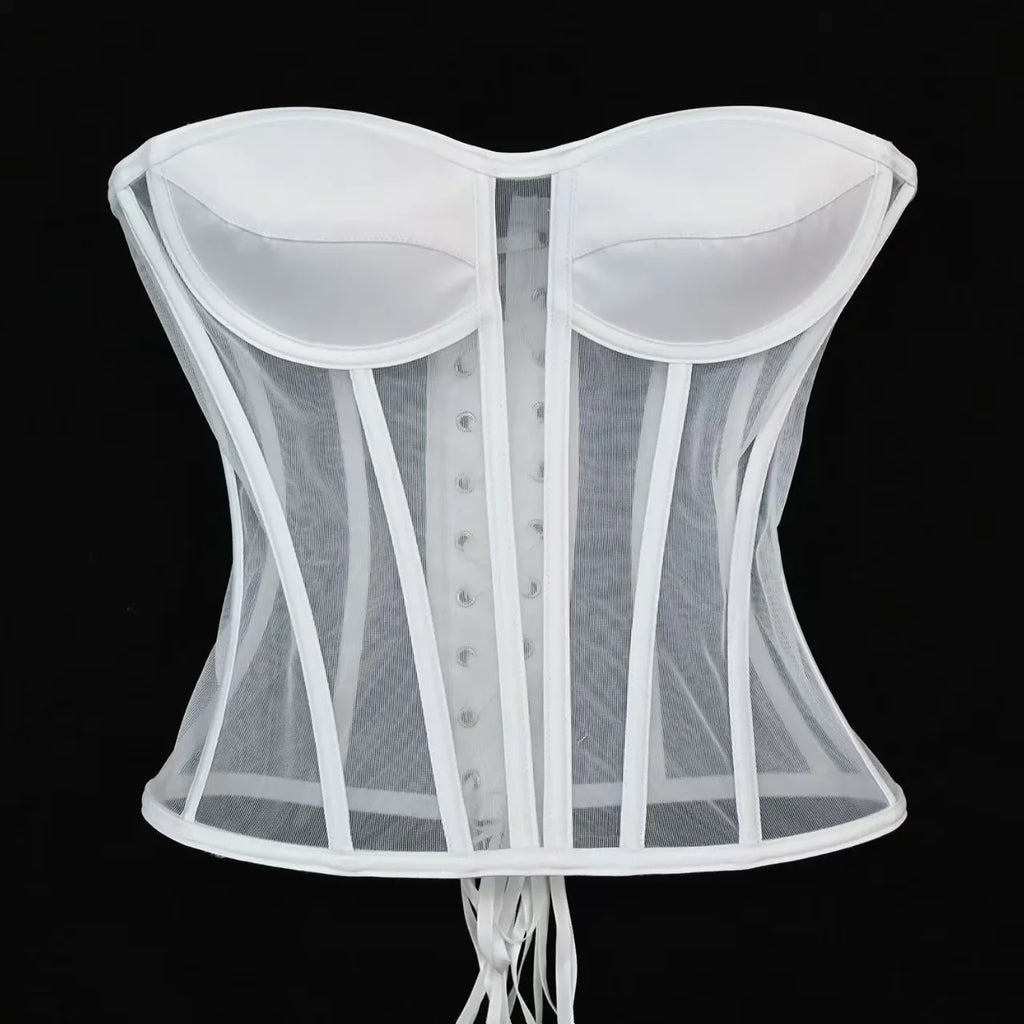 Women Corset Bustier With Bra Transparent Mesh Bodices For Wedding Body Shaper Slimm Waist Lace Up Boned Strapless Tube Tops