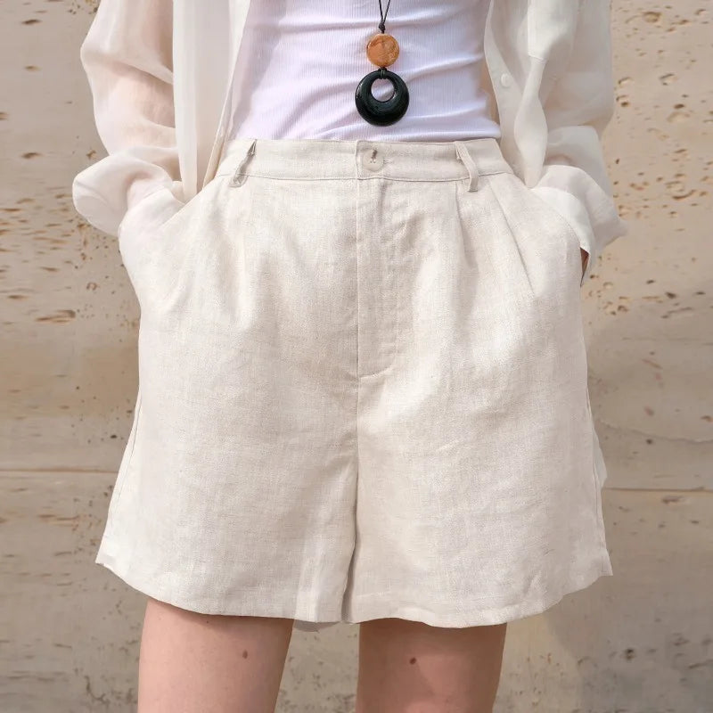 Retro 100% Linen Short Pants Women High Wasit Casual Harajuku Fashion Streetwear White Color Summer Office Lady Female Shorts