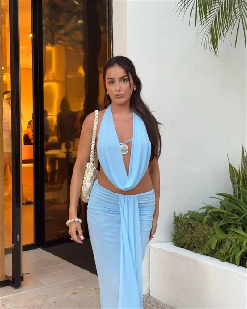 Sexy Dress Set Women Halter Crop Top And Maxi Skirt Matching Sets Female Elegant Beach Club Party Skirt Two Piece Set