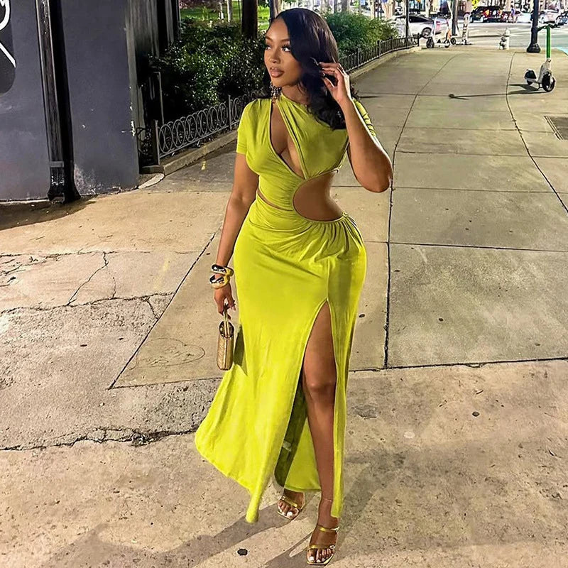 Sexy Hollow Out Ruched Split Bodycon Maxi Dress Women Short Sleeve O-neck Holiday Vacation Nitht Club Party Long Dresses Vestido