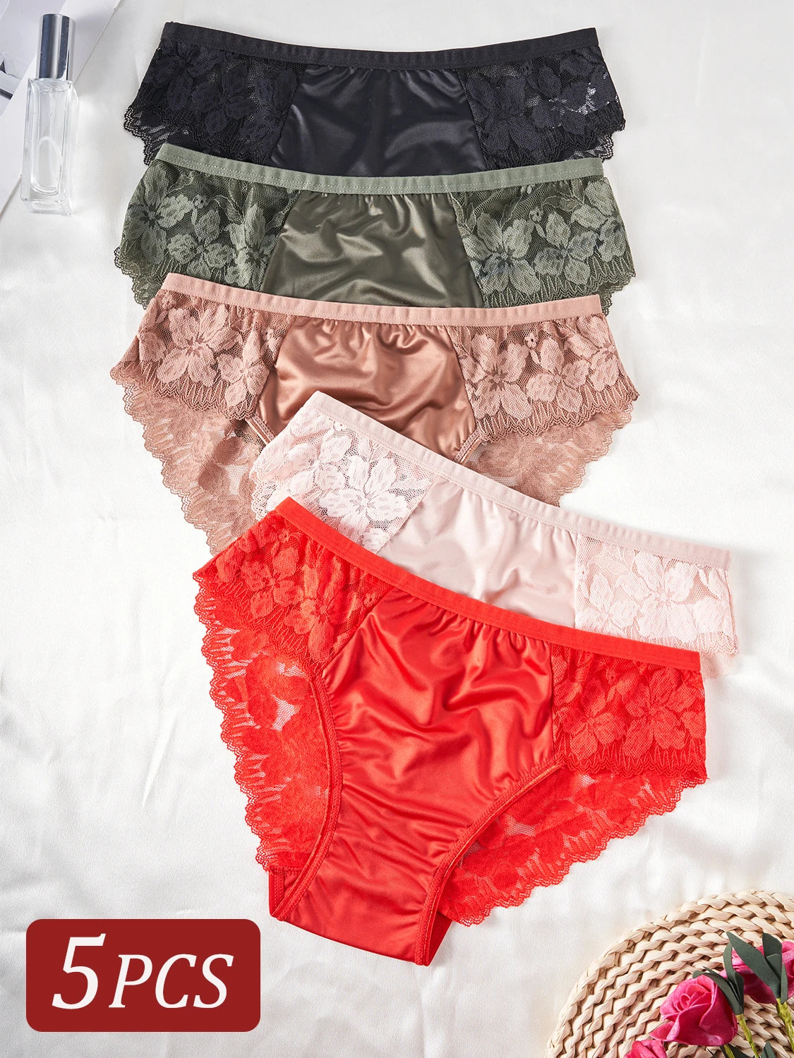 5PCS Women's Underwear Hollow Lace Embroidery Flower Sexy Panties Female Briefs High Quality Solid Color Underpants
