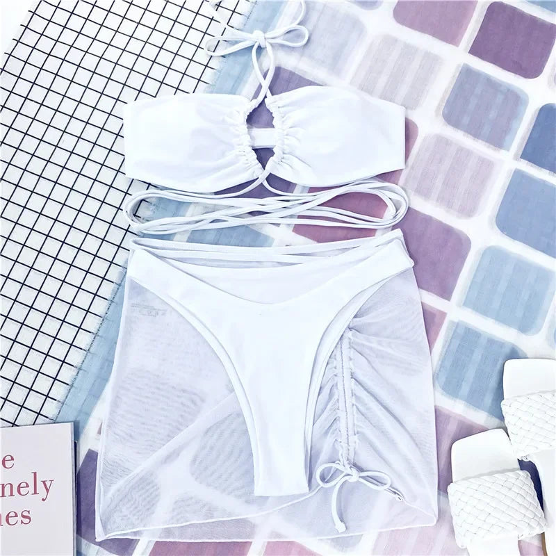 3 Pieces Cross Halter Bikinis Set 2025 Skirt Swimwear Women High Waist Drawstring Bandage Swimsuit Summer Biquini