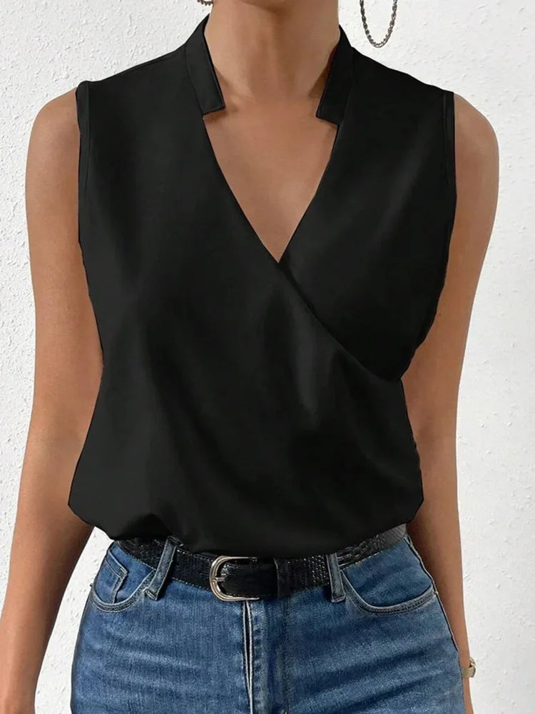 New Tees Women's 2024 Summer Slim V-neck Sexy Simple Style Printing T-shirts Sleeveless Vintage Casual Temperament Ladies Tops