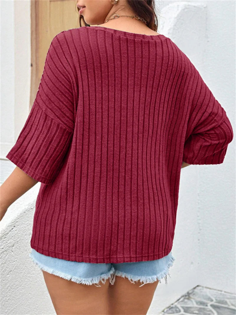GIBSIE Plus Size Drop 3/4 Sleeve Loose Rib-knit T Shirt Women Summer 2025 Solid Color V-Neck Pocket Casual Female Tops Tees