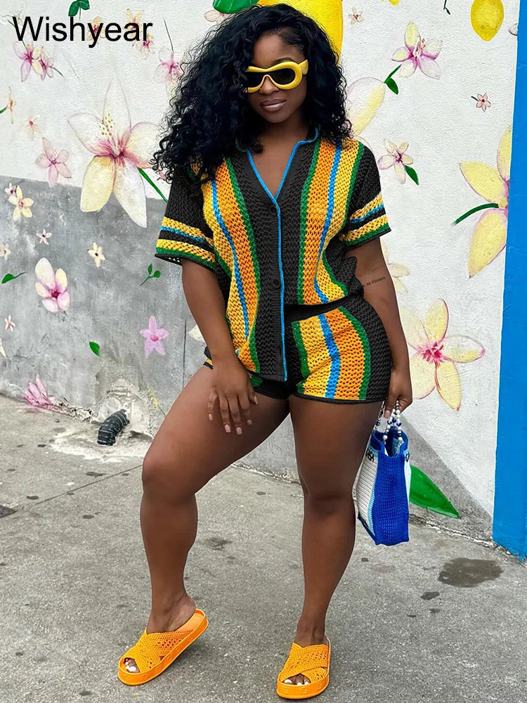Sexy Colorful Striped Patchwork Knitting Two Piece Pants Set Women Short Sleeve Top and Shorts Fashion Beach Sweater Club Outfit