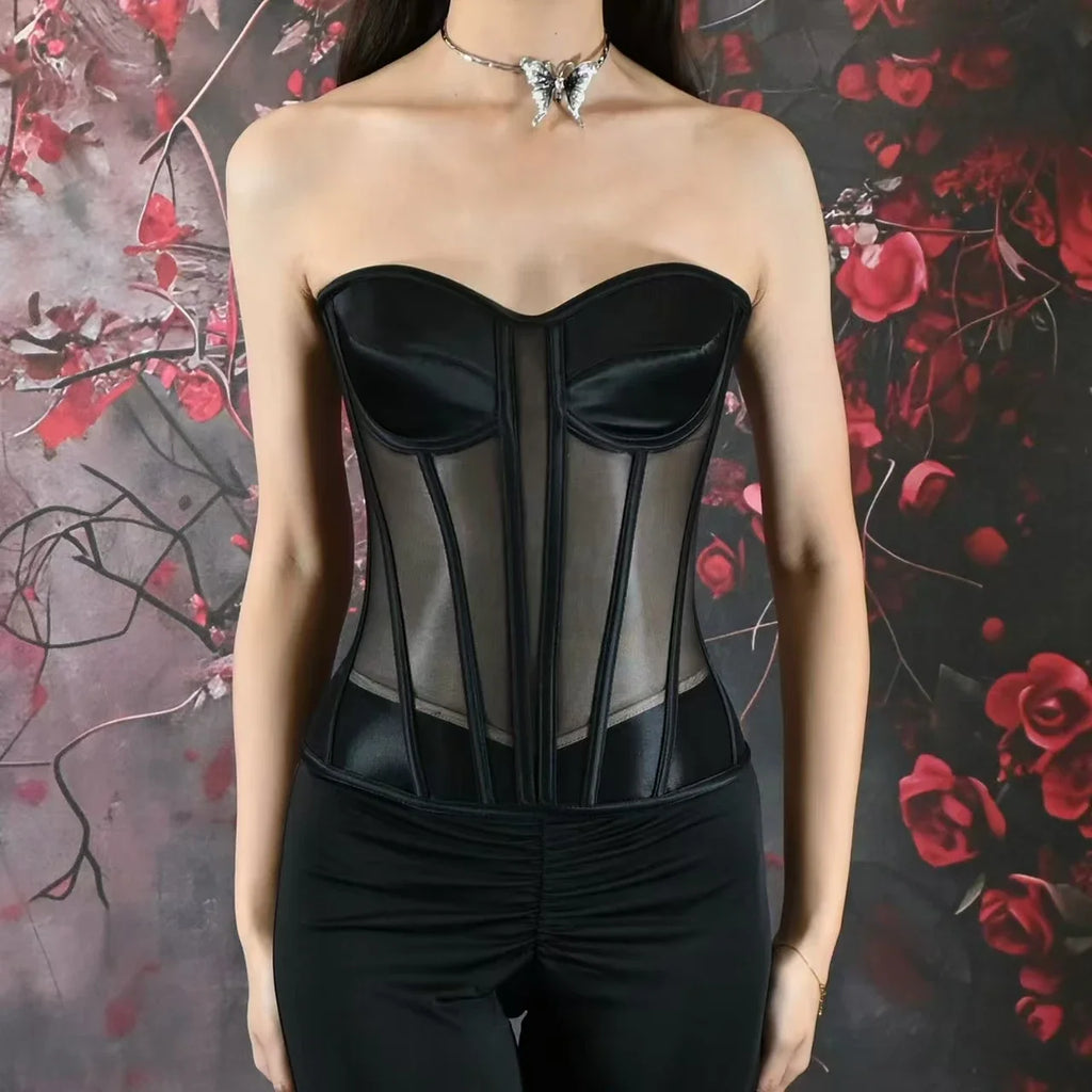Women Corset Bustier With Bra Transparent Mesh Bodices For Wedding Body Shaper Slimm Waist Lace Up Boned Strapless Tube Tops
