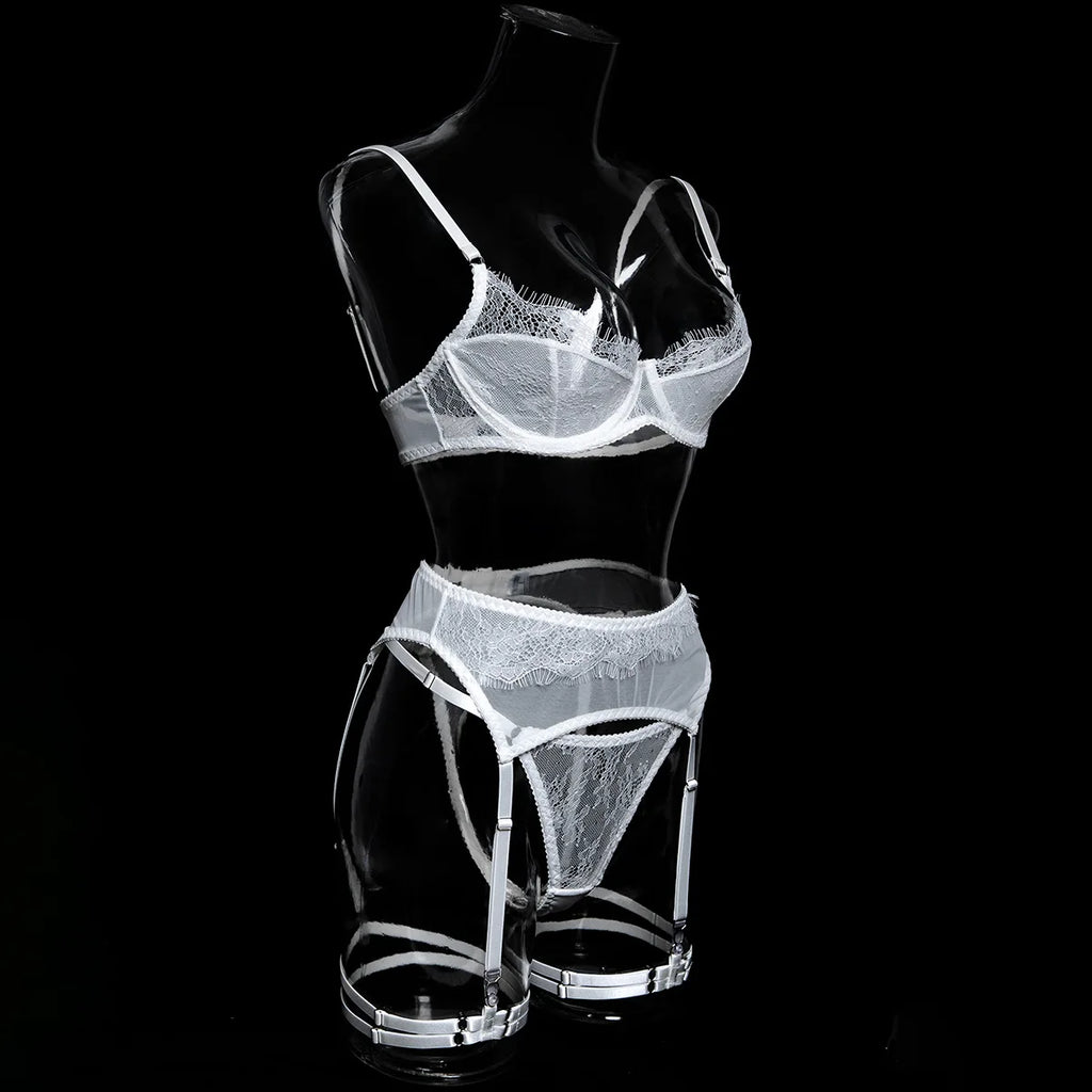 Ellolace Fancy Lingeries Sexy Hot Elegant Bra 3PC Set with Leg Circles Sissy Solid Color Intimate Eyelash Lace Patchwork Costume