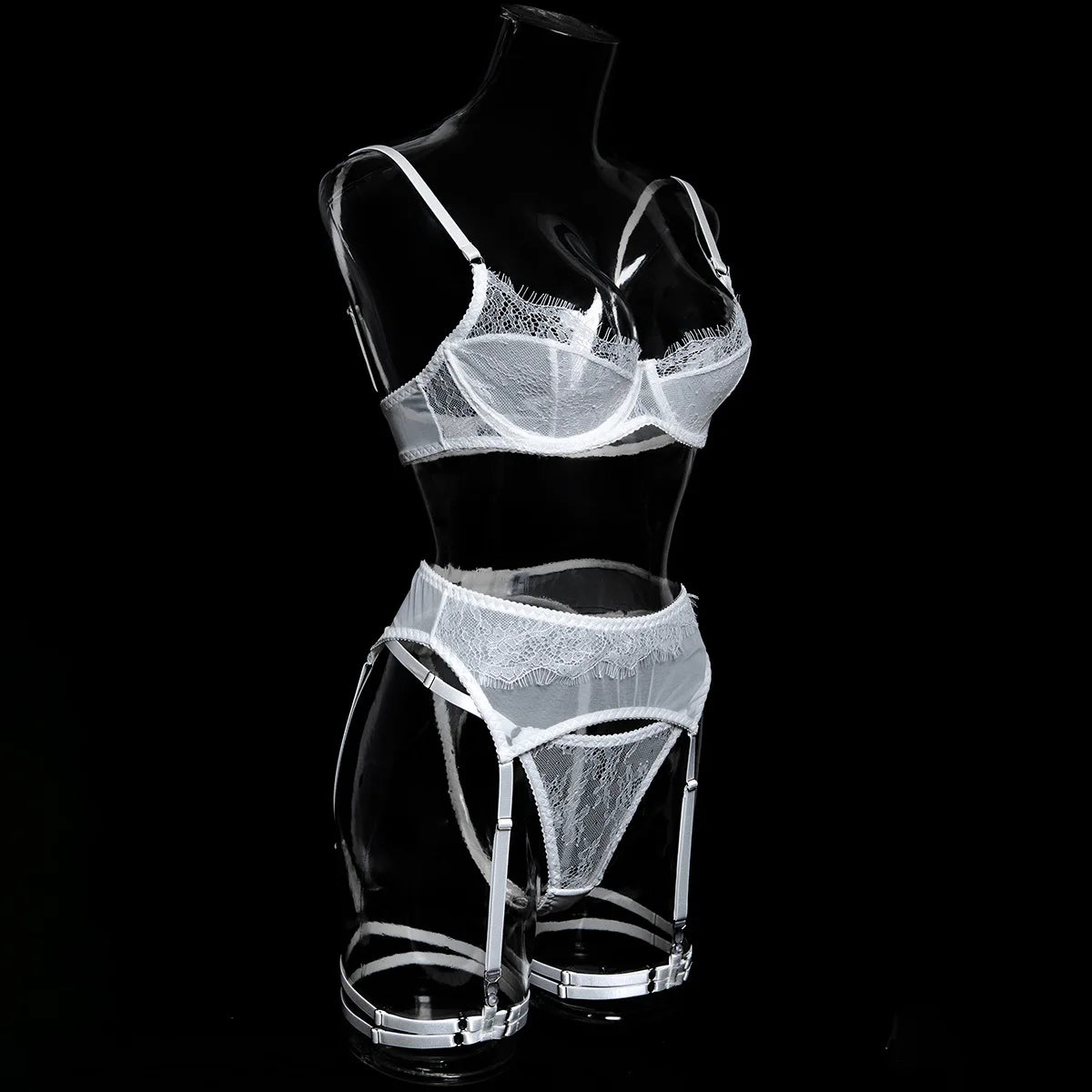 Ellolace Fancy Lingeries Sexy Hot Elegant Bra 3PC Set with Leg Circles Sissy Solid Color Intimate Eyelash Lace Patchwork Costume