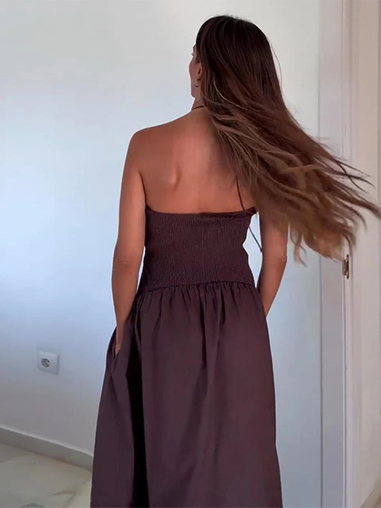 Elegant 3D Flower Long Dress Women Halter Backless Pleated Female Pary Dresses 2024 Fashion Street Sleeveless Solid Lady Robes
