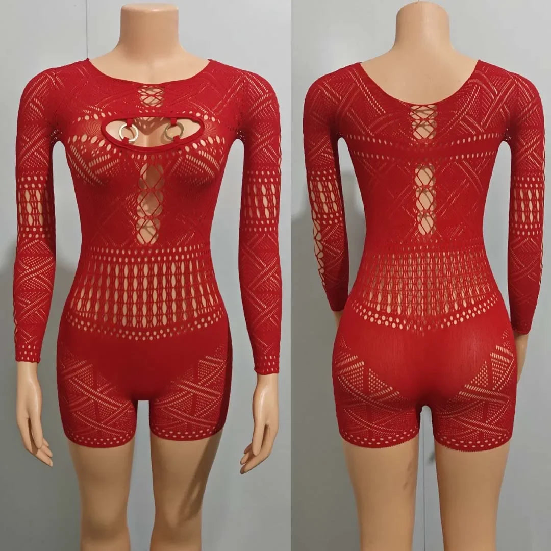 Women's Sexy Long Sleeve Jumpsuit See Through Outfit Sheer Mesh Hollow Out Night Club Short Romper