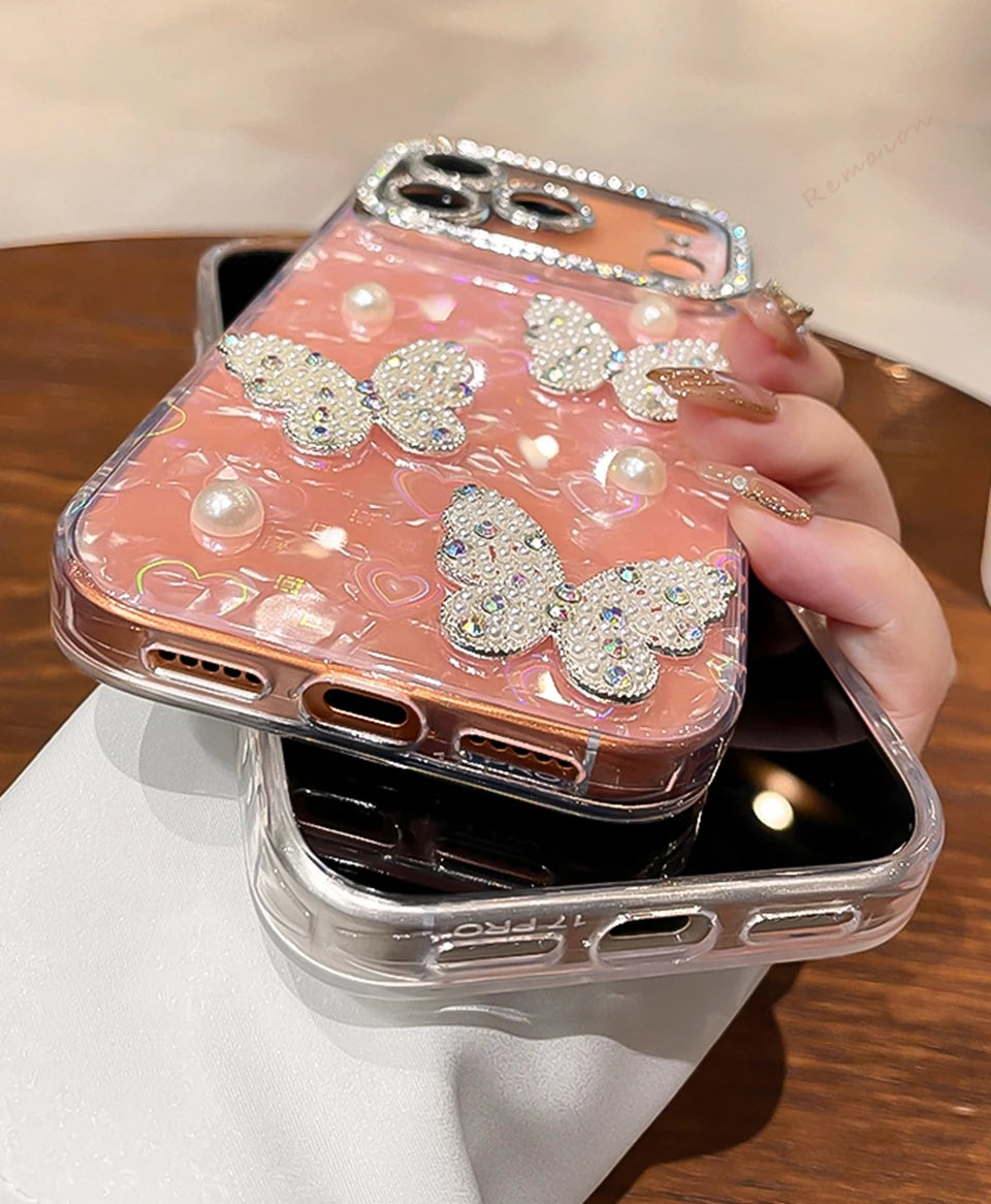 Diamond Bling Glitter Phone Case For iPhone 17 Air 11 12 13 16 Pro Max 15 14 16 Plus 17Pro Max Cute Butterfly Protector Cover