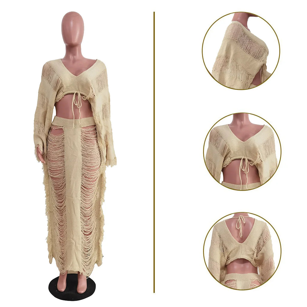 Swimwear Skirt Cover-up 2 Piece Set Women Crop Tops And Long Skirt Bathing Suit Fashion Solid Hollow Sexy Beach Cover Up Outfits