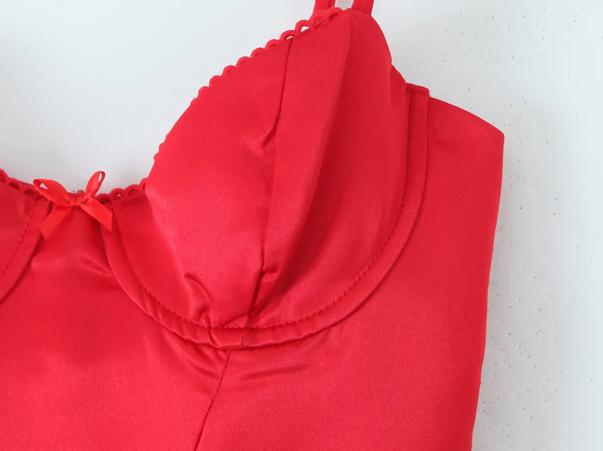 2025 Sexy White Wire Bra Corset Style Satin Sling Dress Women Slim Fit Low Waist Short Ball Gown Swing Dresses Femme Robe Red