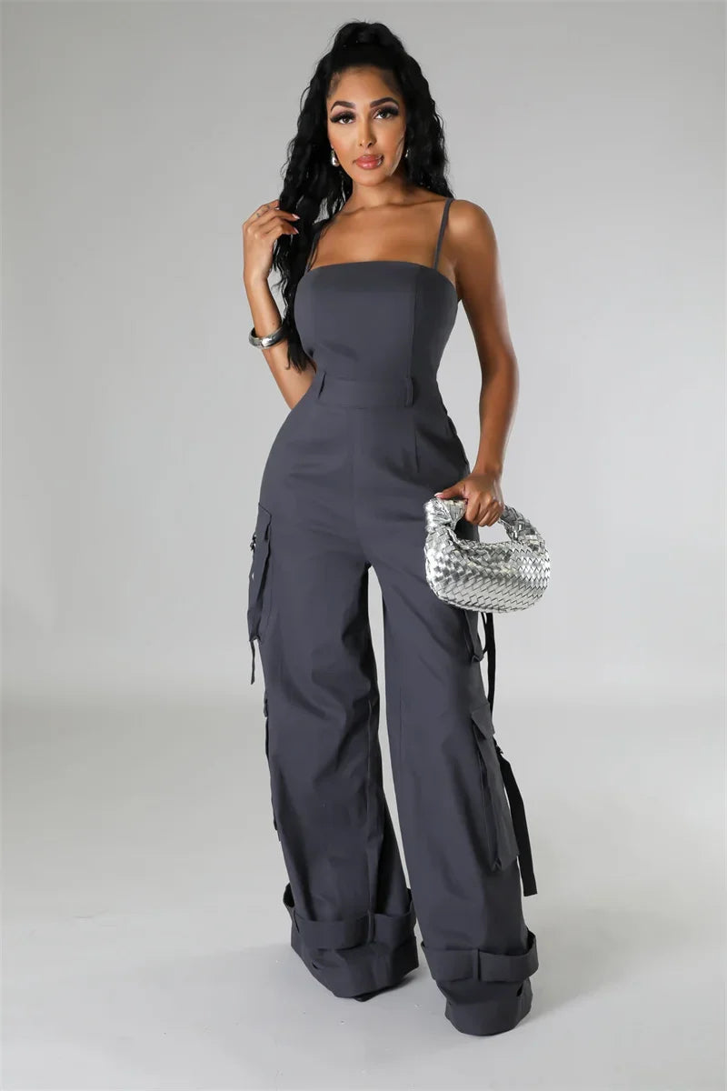 Sexy Spaghetti Strap Cargo Jumpsuit Women Summer Sleeveless Strapless Wide Leg Pants with Pockets One Pieces Romper Overall